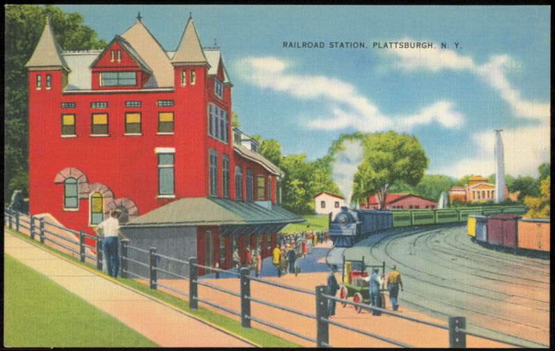 Railroad Station with Steam Train and Passengers Plattsburgh New York