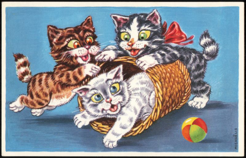 Three Playful Kittens with Wicker Basket and Ball Michaëlis