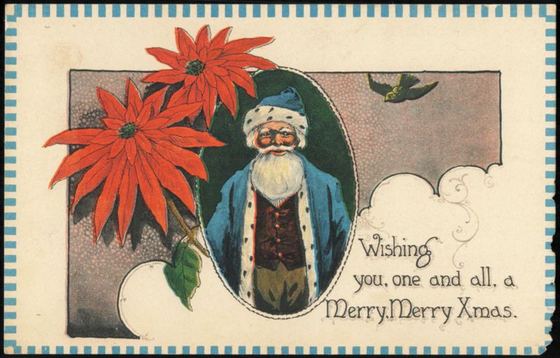 Santa Claus in Blue Coat with Poinsettias Christmas Greeting