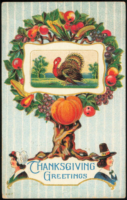 Thanksgiving Greetings, Turkey in Fruit Wreath & Pilgrims