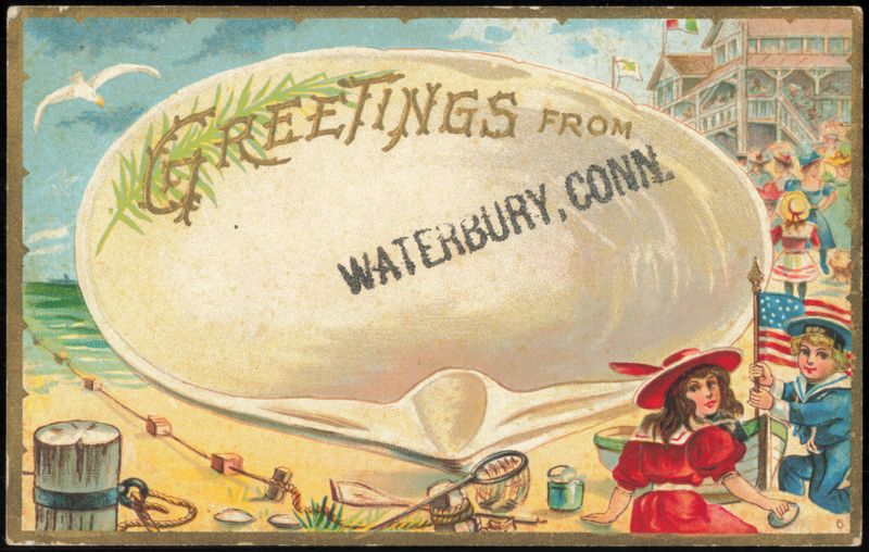 Greetings from Waterbury, Conn. Children on Beach with Shell Connecticut