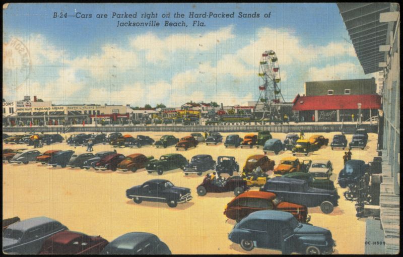 Cars Parked on Hard-Packed Sands and Playland Arcade Jacksonville Beach Florida