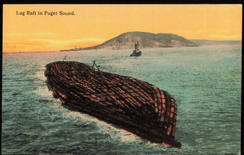 Log Raft in Puget Sound with Tugboat Washington