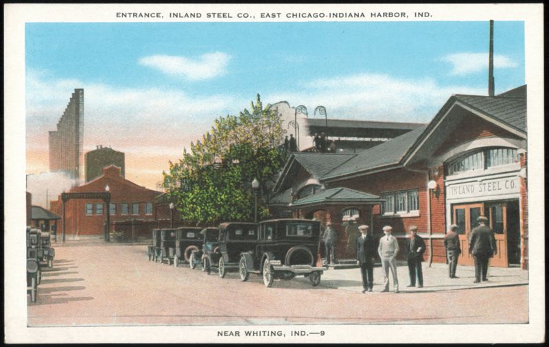 Entrance to Inland Steel Co. with Cars and Workers East Chicago Indiana
