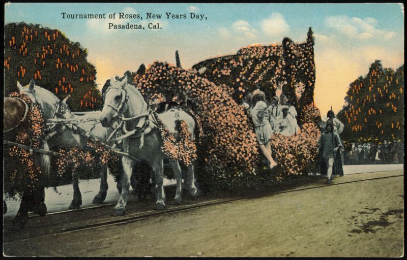 Tournament of Roses Parade Float and White Horses Pasadena California