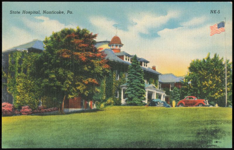 State Hospital with Red Turret and Vintage Car Nanticoke Pennsylvania