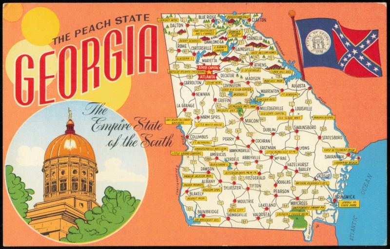 Georgia State Map with State Capitol and 1956 State Flag Atlanta