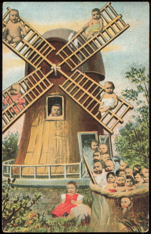 Babies on Windmill Fantasy Illustration, 1903 Message