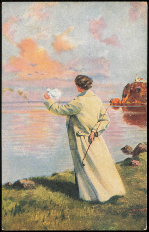 Woman Waving to Ship, Grüße aus der Ferne by C. Barber