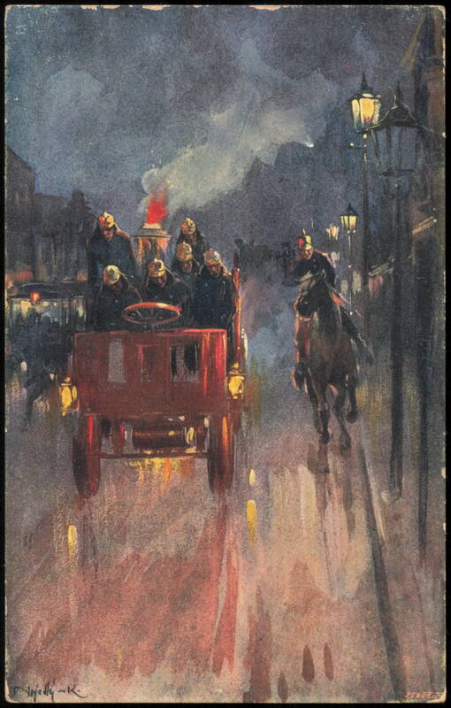 Firefighters on Red Engine Racing Through Night City