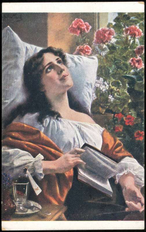 Convalescence Woman with Book and Flowers by J. Lieck