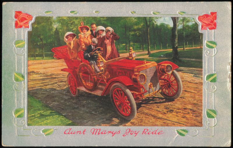 Aunt Marys Joy Ride, Early Red Automobile with Passengers