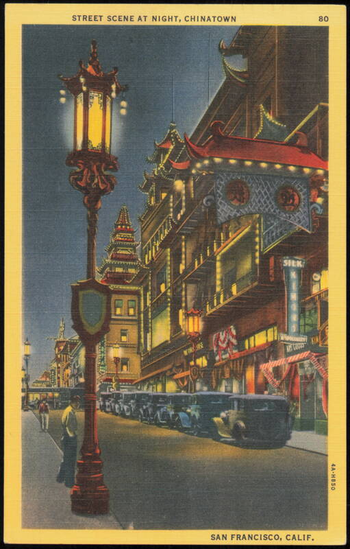 Night Street Scene in Chinatown with Pagoda Architecture San Francisco California