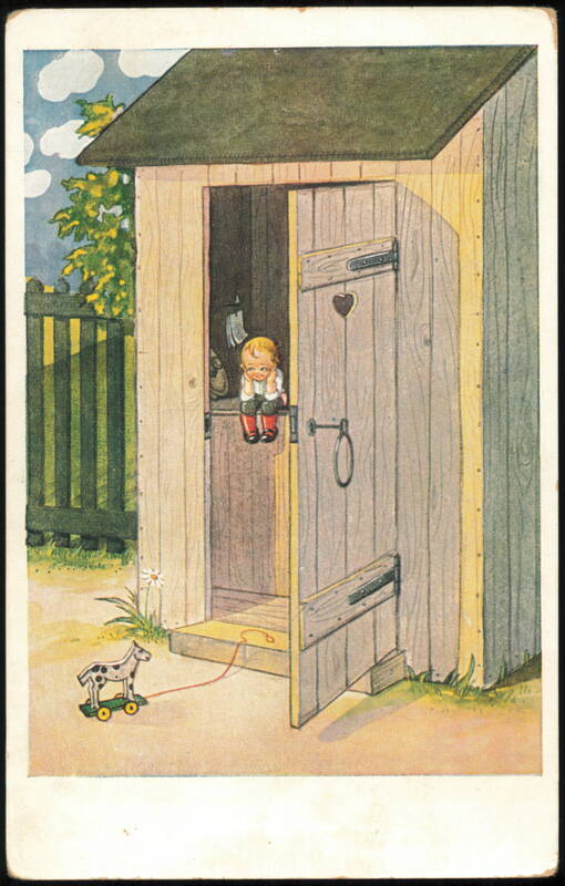 Child in Outhouse with Toy Horse Illustration Outhouses & Bathrooms