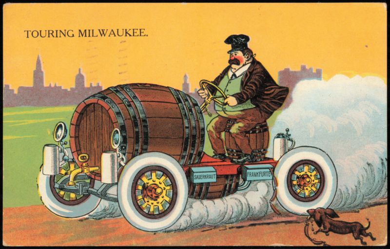 Touring Milwaukee Humorous Beer Barrel Car Illustration Wisconsin