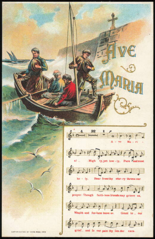 Ave Maria Hymn with Fishermen in Boat & Musical Score