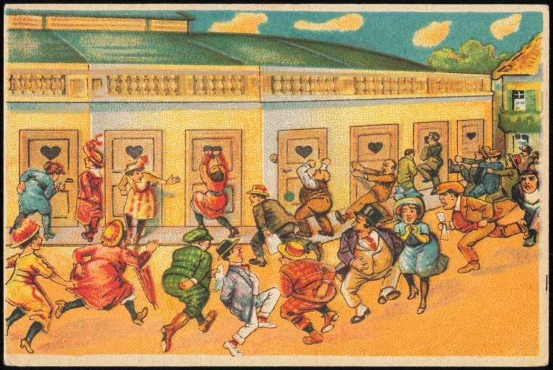 Humorous Scene of People Rushing to Outhouses Outhouses & Bathrooms