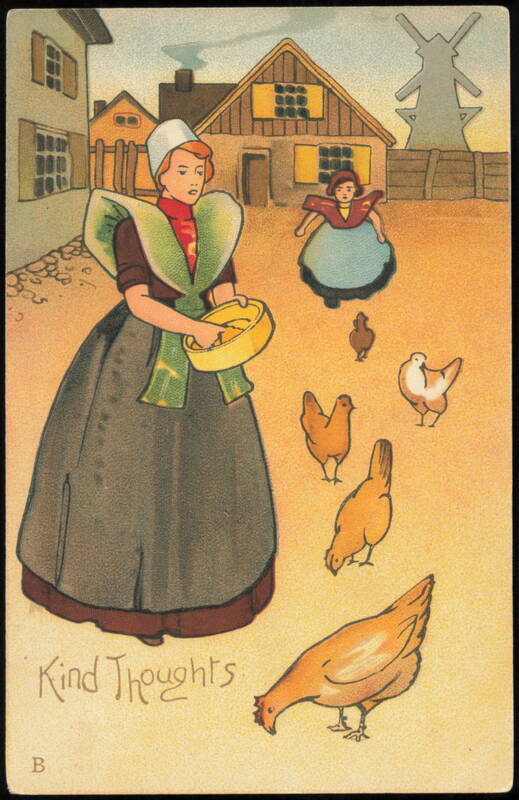Kind Thoughts Dutch Woman Feeding Chickens & Windmill
