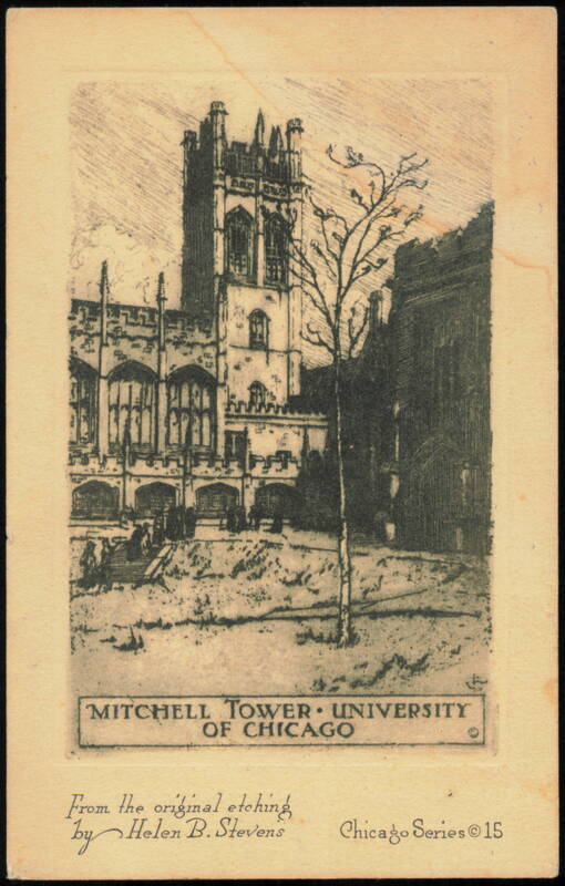 Mitchell Tower, University of Chicago Etching by Helen B. Stevens Illinois