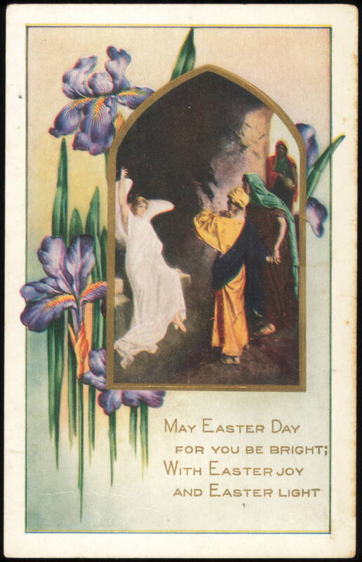 Easter Greeting Angel at the Tomb with Purple Irises