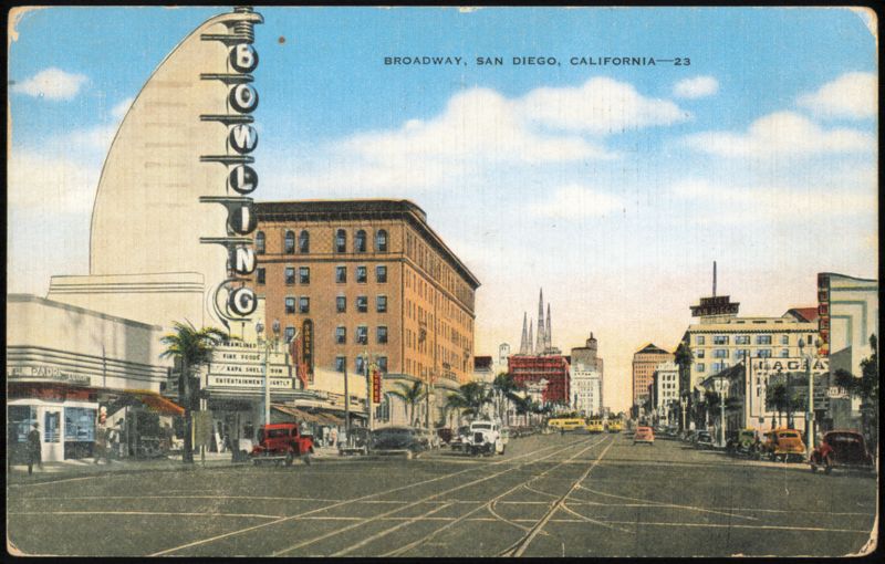 Broadway Street Scene with Tower Bowl Bowling Sign San Diego California