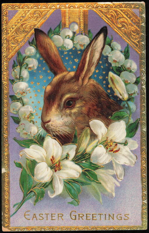 Easter Greetings, Rabbit with Lilies & Lily of the Valley