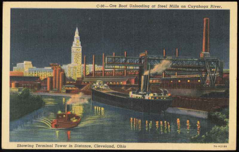 Ore Boat Unloading at Steel Mills & Terminal Tower Cleveland Ohio