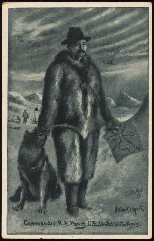 Commander R.E. Peary with Sled Dog and Greenland Map