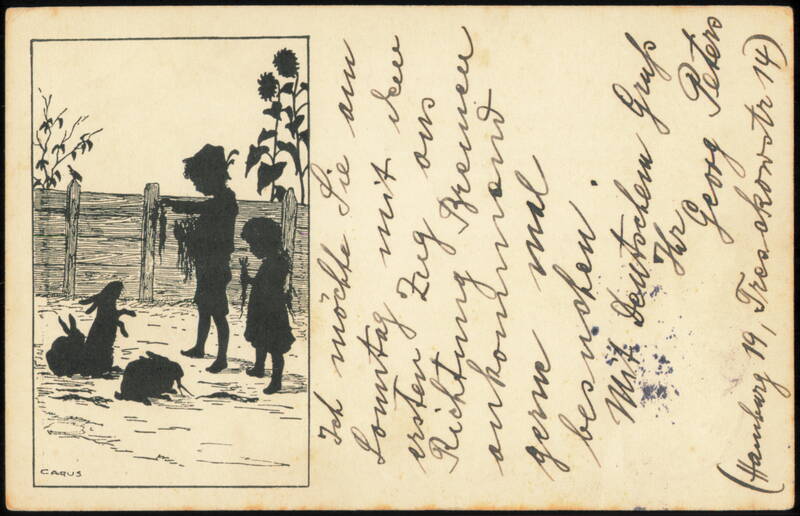 Silhouette Children Feeding Rabbits, Carus Artist Silhouettes