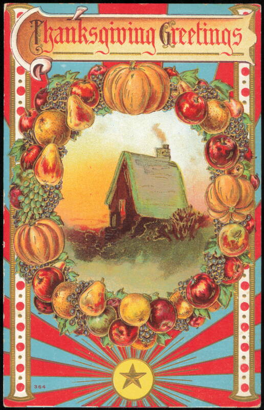 Thanksgiving Greetings Fruit Wreath and House at Sunset
