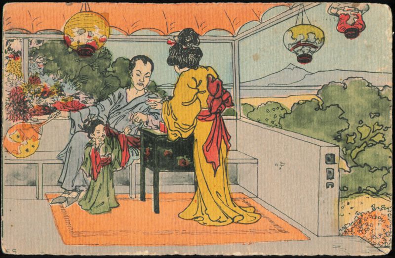 Japanese Family Scene with Tea Service and Mount Fuji
