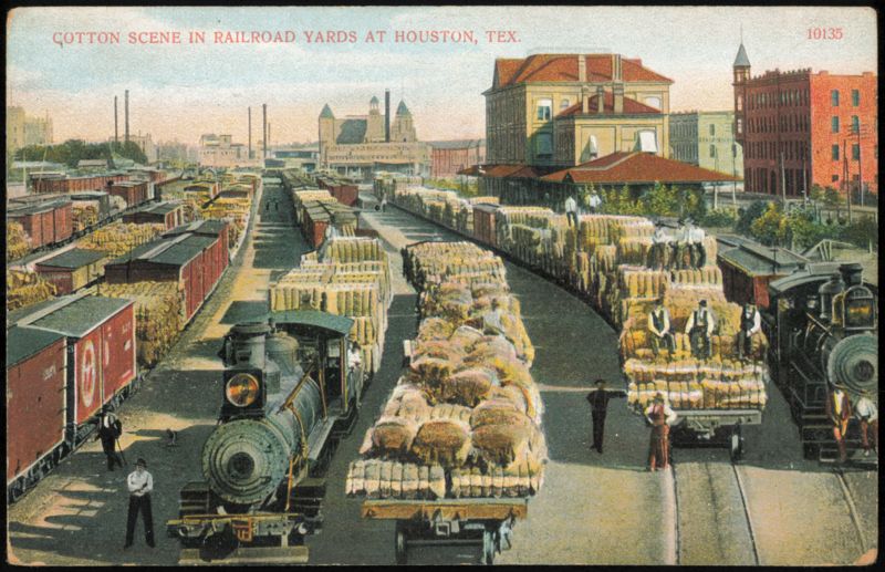Cotton Scene in Railroad Yards Houston Texas Locomotives