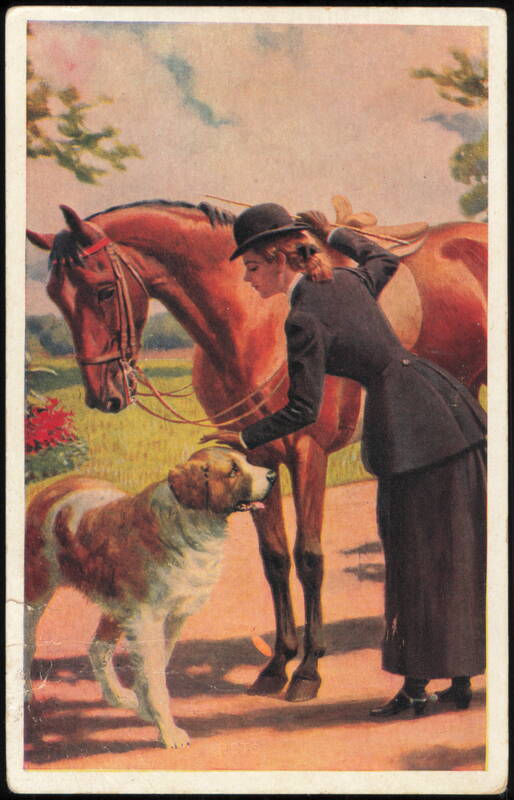 Woman in Riding Habit with Horse and Saint Bernard Dog