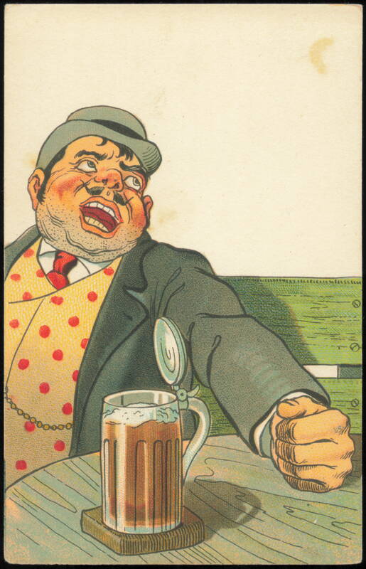 Caricature of Man in Polka Dot Vest with Beer Stein