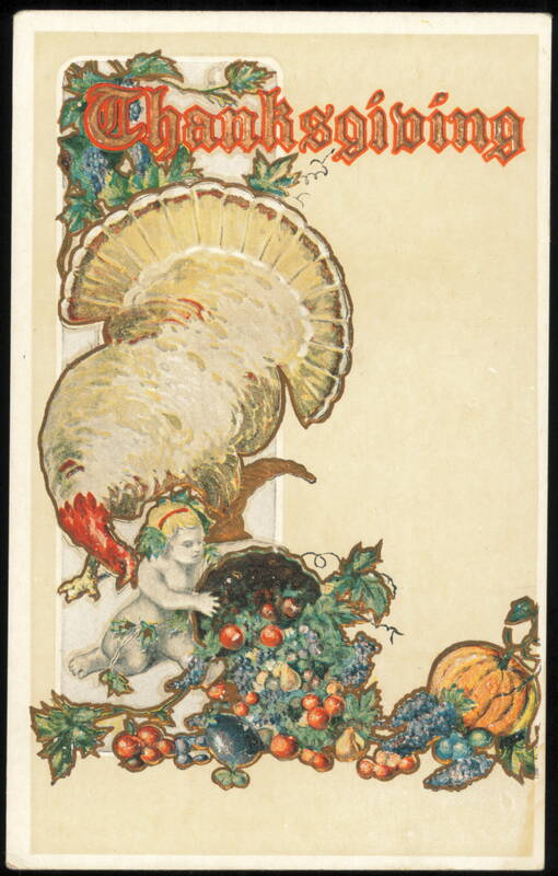 Thanksgiving Turkey and Cherub with Cornucopia of Fruit
