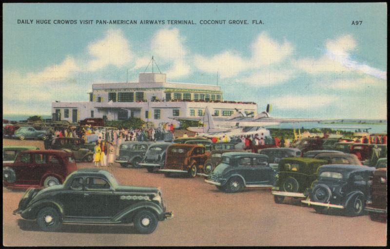 Pan-American Airways Terminal with Seaplane and Crowds Coconut Grove Florida