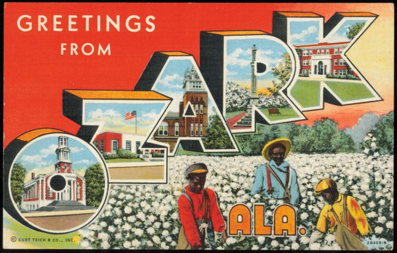 Large Letter Greetings from Ozark with Cotton Picking Scene Alabama