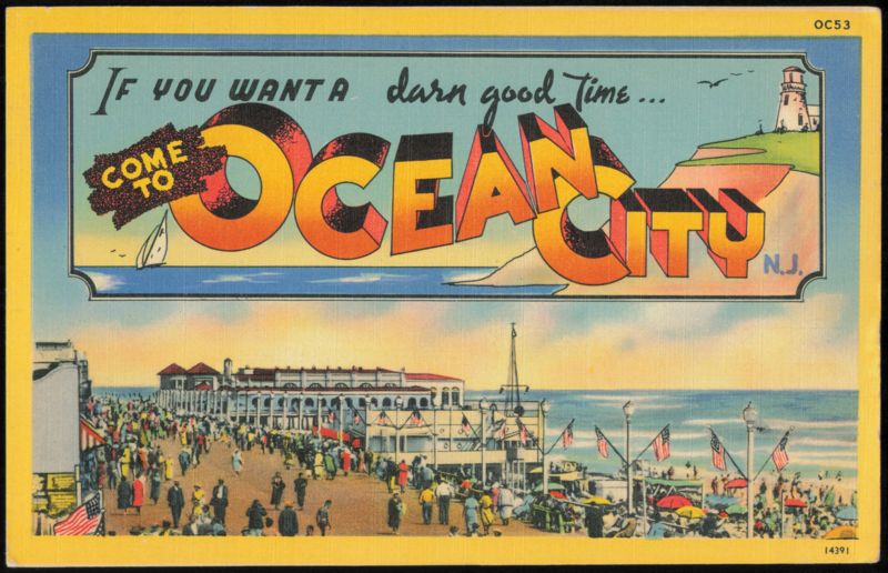 Ocean City Boardwalk and Beach Scene Large Letter Graphic New Jersey