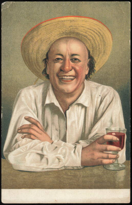 Jovial Man in Straw Hat with Glass of Wine Drinking