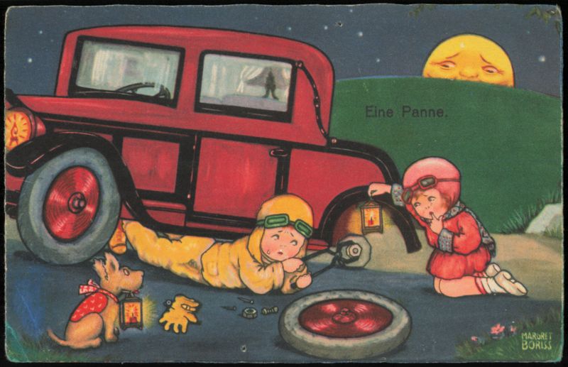 Eine Panne Children Fixing Red Car Flat Tire by Margret Boriss