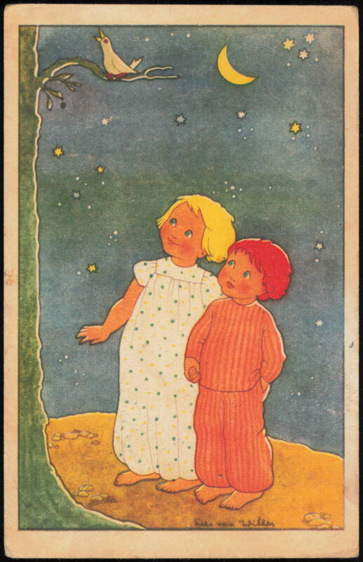 Children in Pajamas Stargazing with Moon and Bird Lies Van Willes