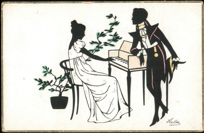 Silhouette Illustration of Couple at Harpsichord by Salta