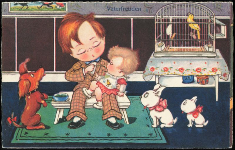 Vaterfreuden Boy Feeding Baby with Dog, Rabbits & Bird