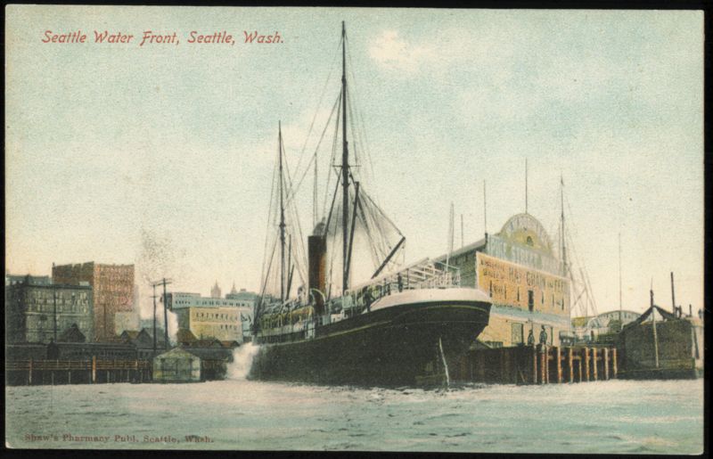 Seattle Water Front with Steamship and Grain Feed Building Washington