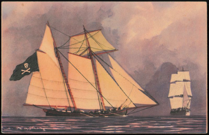 Le Pirate Schooner Attacking Merchant Ship by L. Haffner France