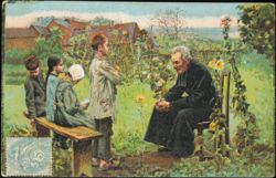 Priest Teaching Catechism to Children in a Garden Postcard