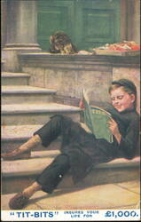 "Tit-Bits" Insures Your Life for £1,000, Boy Reading on Steps Postcard