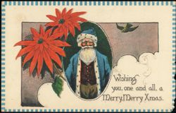 Santa Claus in Blue Coat with Poinsettias Christmas Greeting Postcard