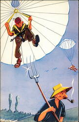 Humorous Paratrooper and Farmer with Pitchfork Postcard