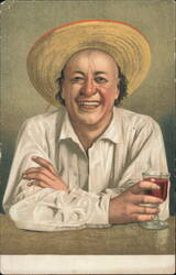 Jovial Man in Straw Hat with Glass of Wine Postcard